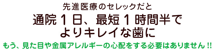 先進医療のセレックだと通院1日、最短1時間半でよりキレイな歯に